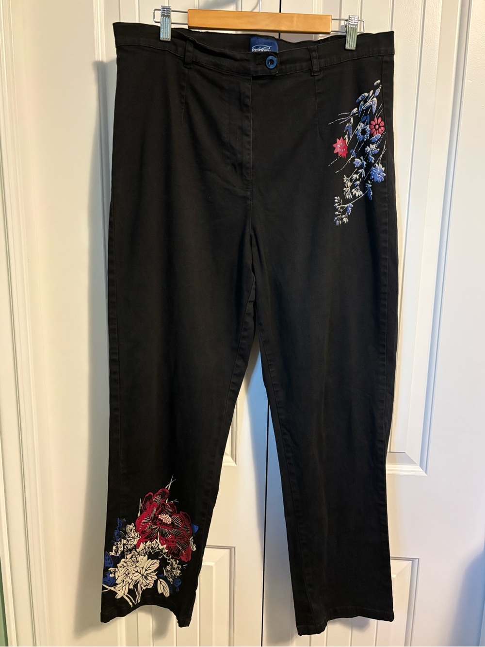 Black High Waist Straight Leg Pants | Painted Floral Print | Size 14